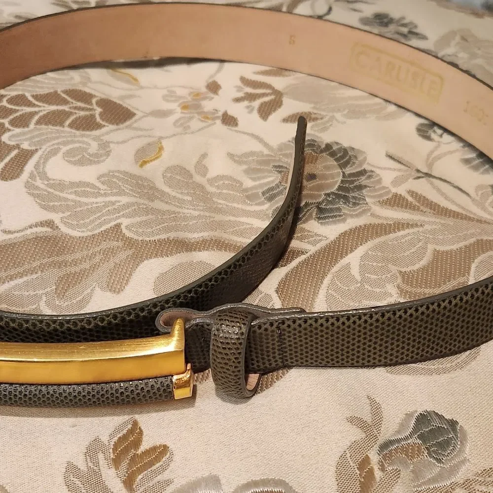 Carlisle green gray lather belt, small, gold hardware 32.5